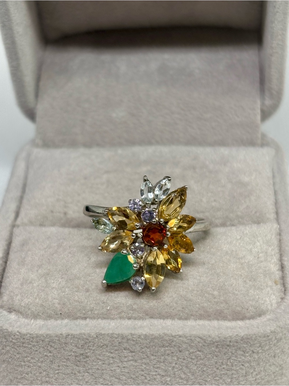 925 Sterling Silver Emerald, Citrine & Tanzanite ring, size 8